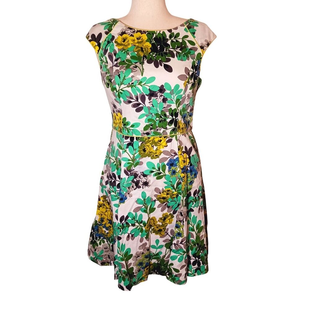 London Style Floral Multi Cap Sleeve‎ Back Cut-Out Cotton Fit & Flare Dress, 14